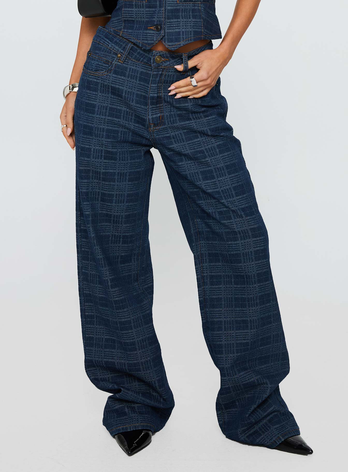 Alternative view of Top Model Low Rise Straight Leg Jeans Indigo Plaid