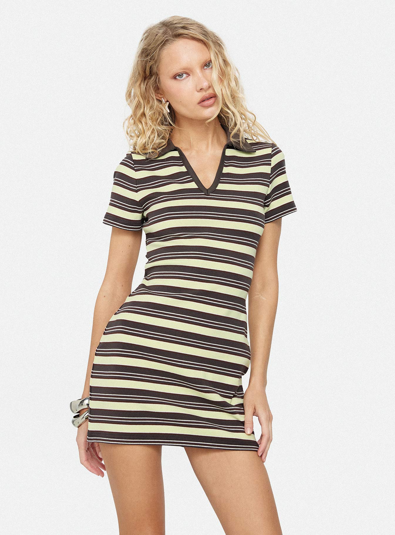 Zuria Collared V-Neck Mini Dress Brown / Yellow Stripe