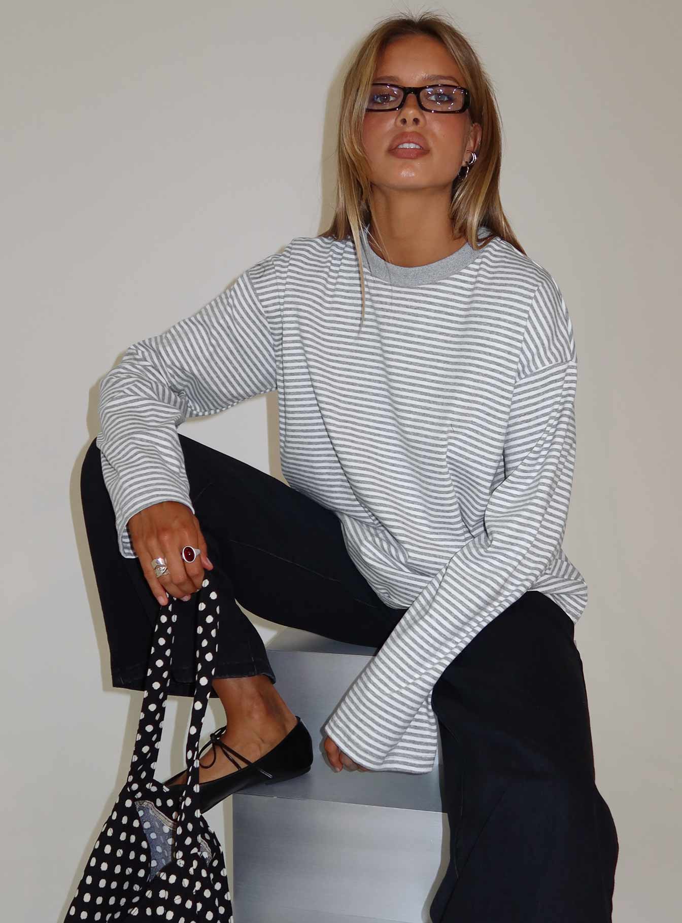 Alternative view of Settle Down Long Sleeve Top Grey / White Stripe