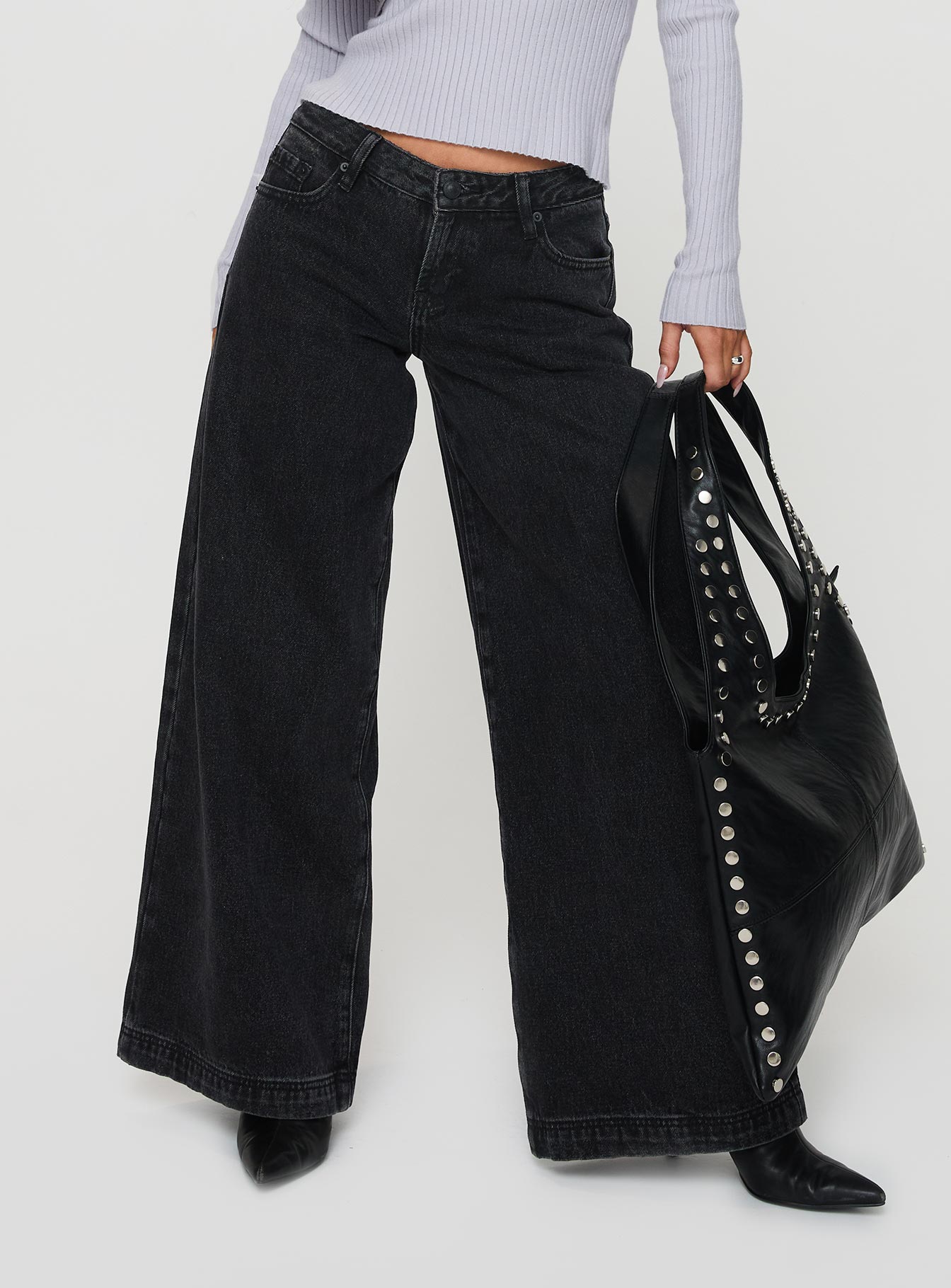 Alternative view of Ribbon Stamp Low Rise Wide Leg Jeans Washed Black