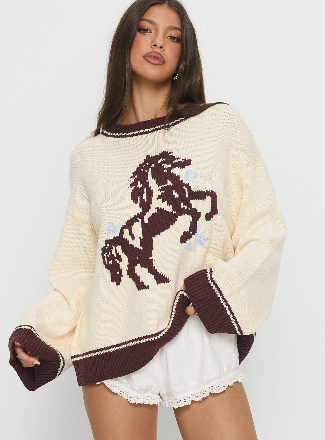 Alternative view of Rhianonn Horse Graphic Knit Sweater Cream / Brown