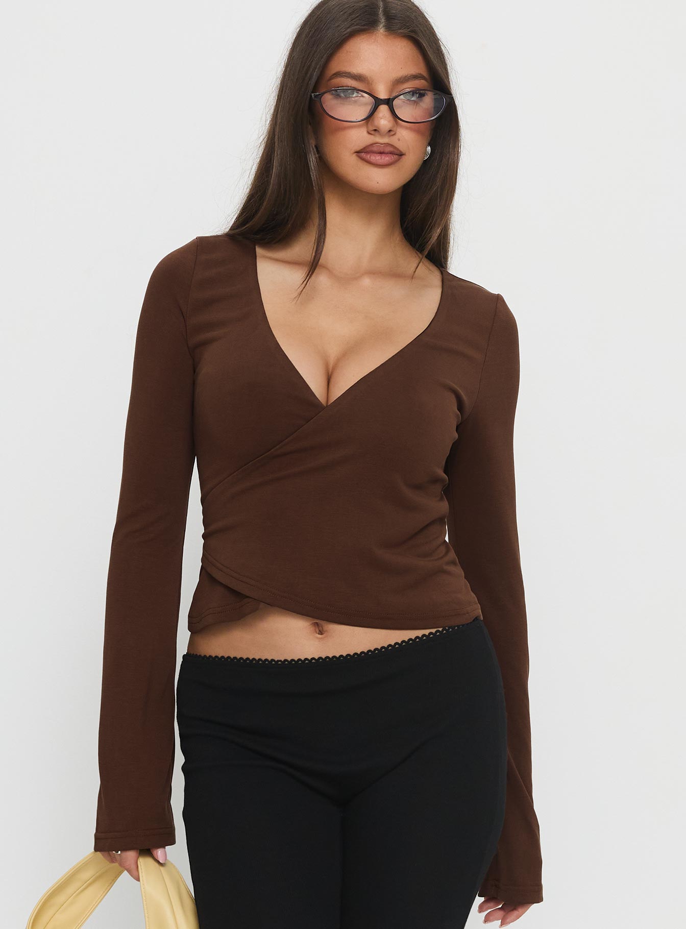 Alternative view of Stefanee Long Sleeve Wrap Top Brown