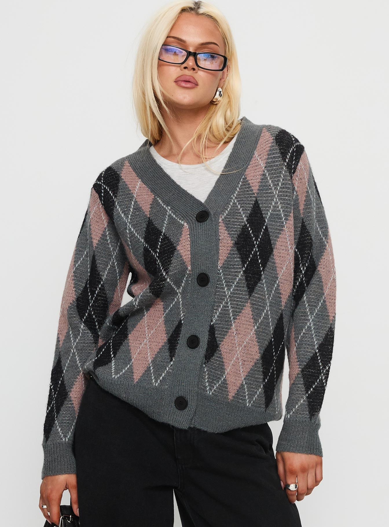 Alternative view of Zeeva Button Through Knit Cardigan Grey Argyle