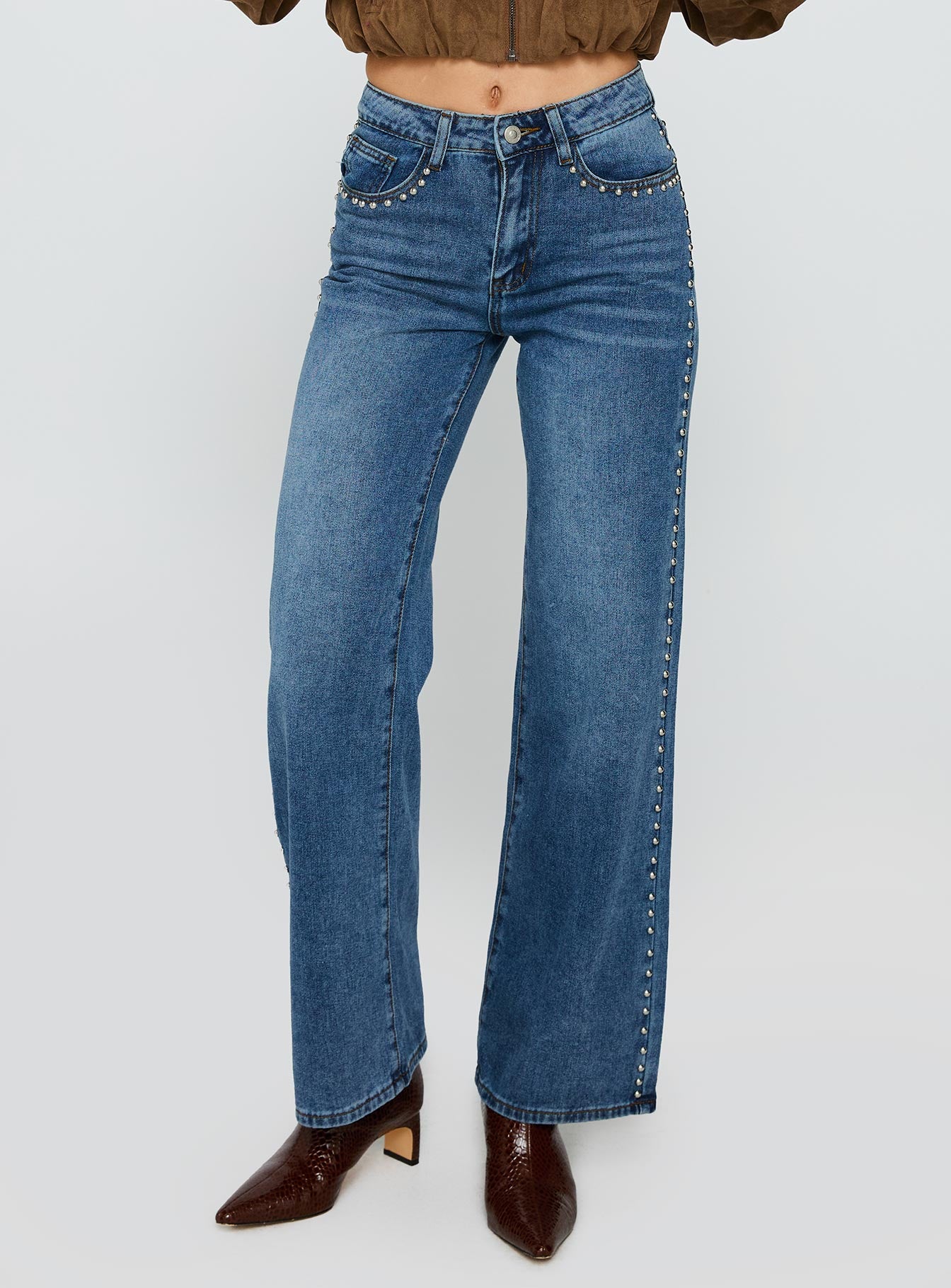 Alternative view of Saving Up Mid Rise Straight Leg Studded Jeans Mid Blue