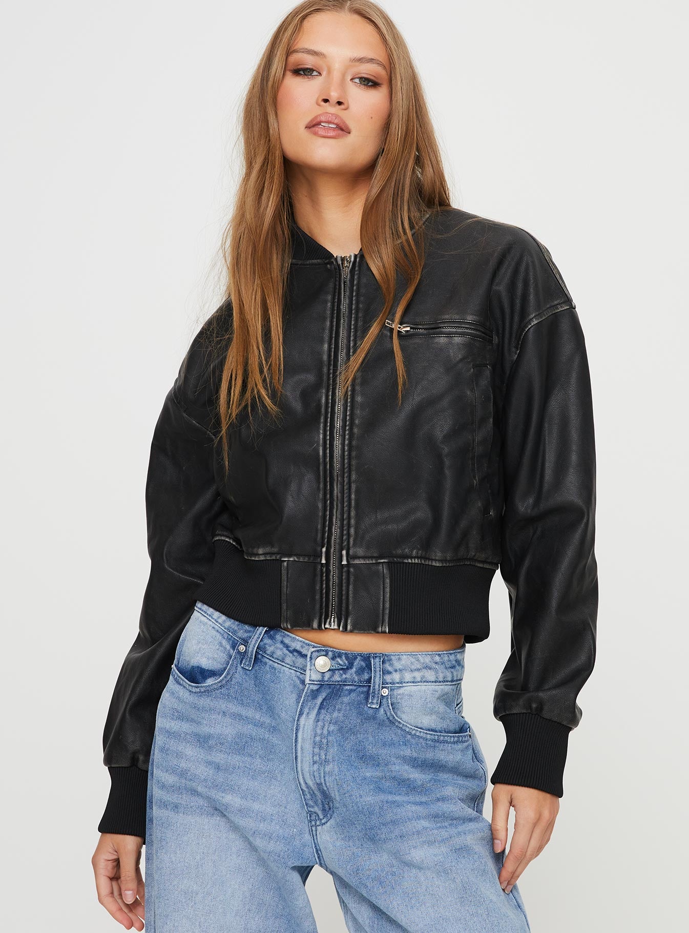 Alternative view of Sweet Disaster Faux Leather Cropped Bomber Jacket Black