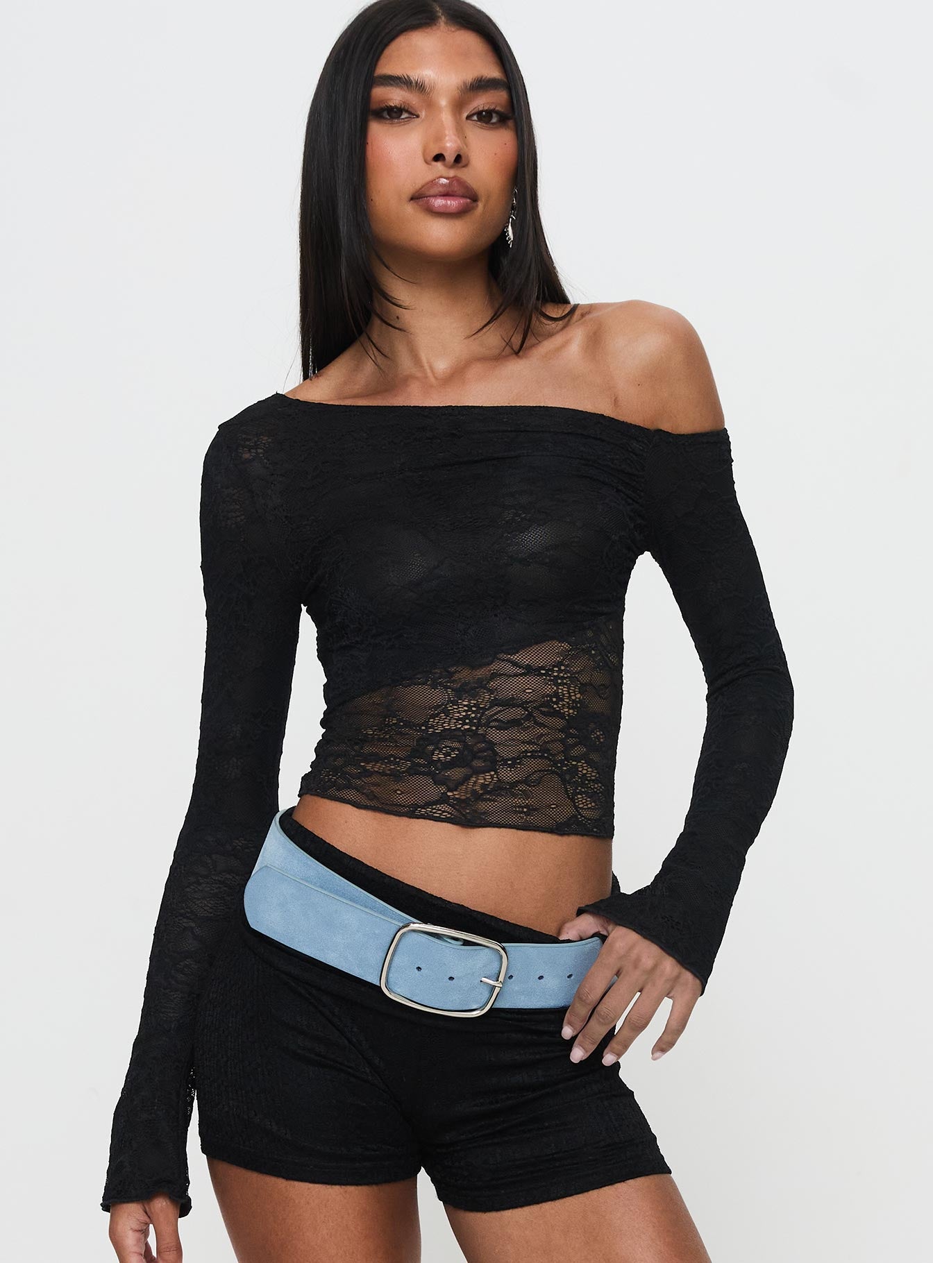 Alternative view of Tiberius Lace Asymmetrical Long Sleeve Top Black