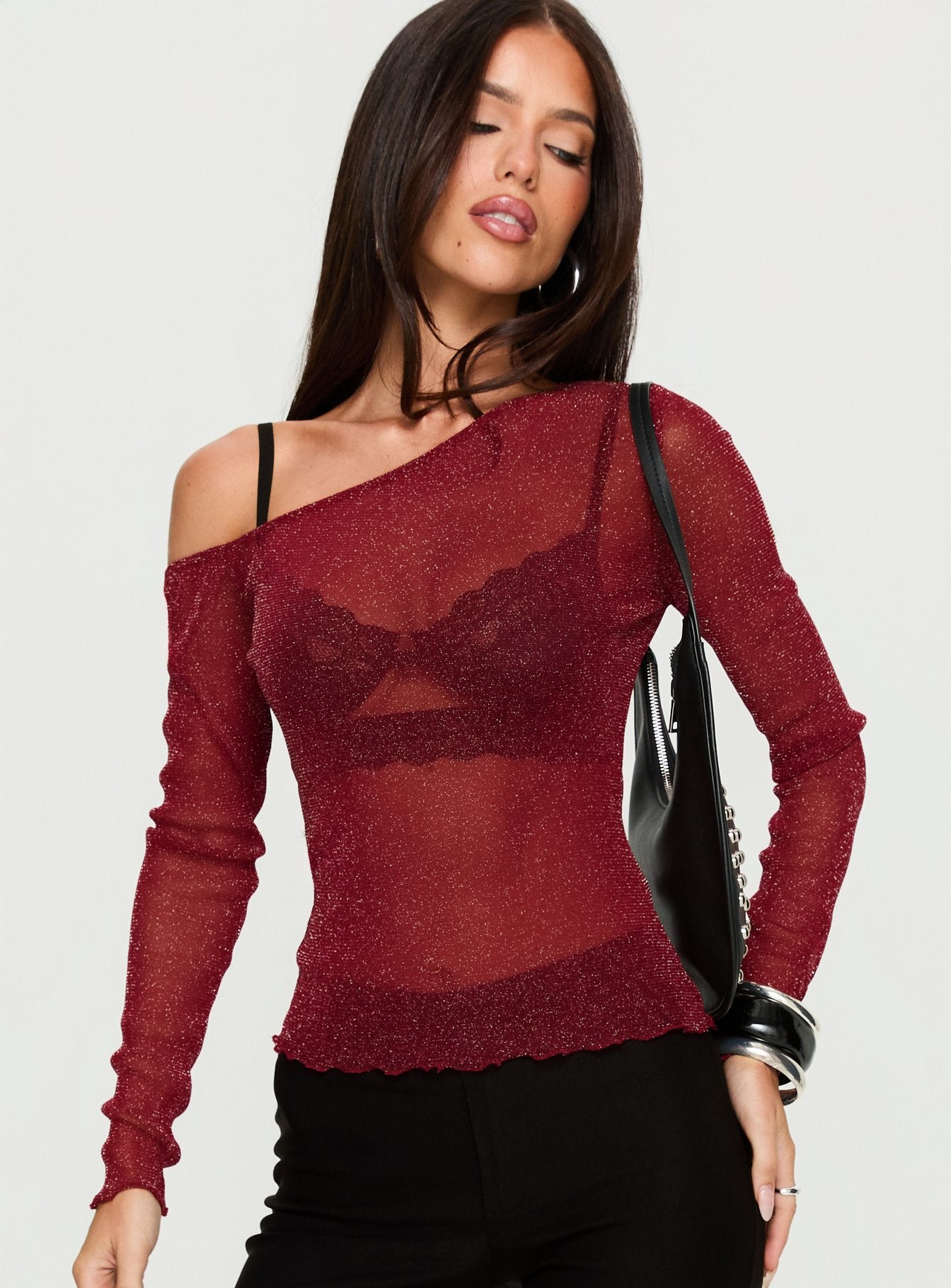 Alternative view of Zondra Sheer One Shoulder Top Burgundy Shimmer