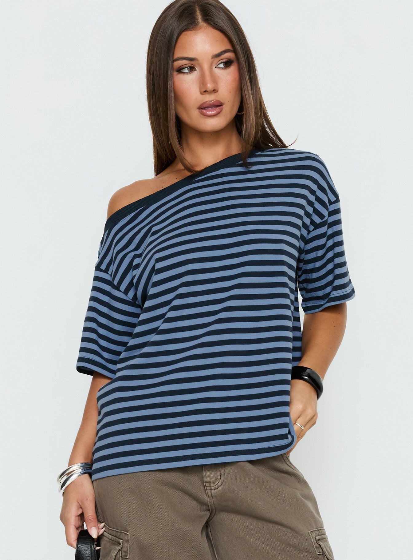 Alternative view of Settle Down One Shoulder Top Blue Stripe