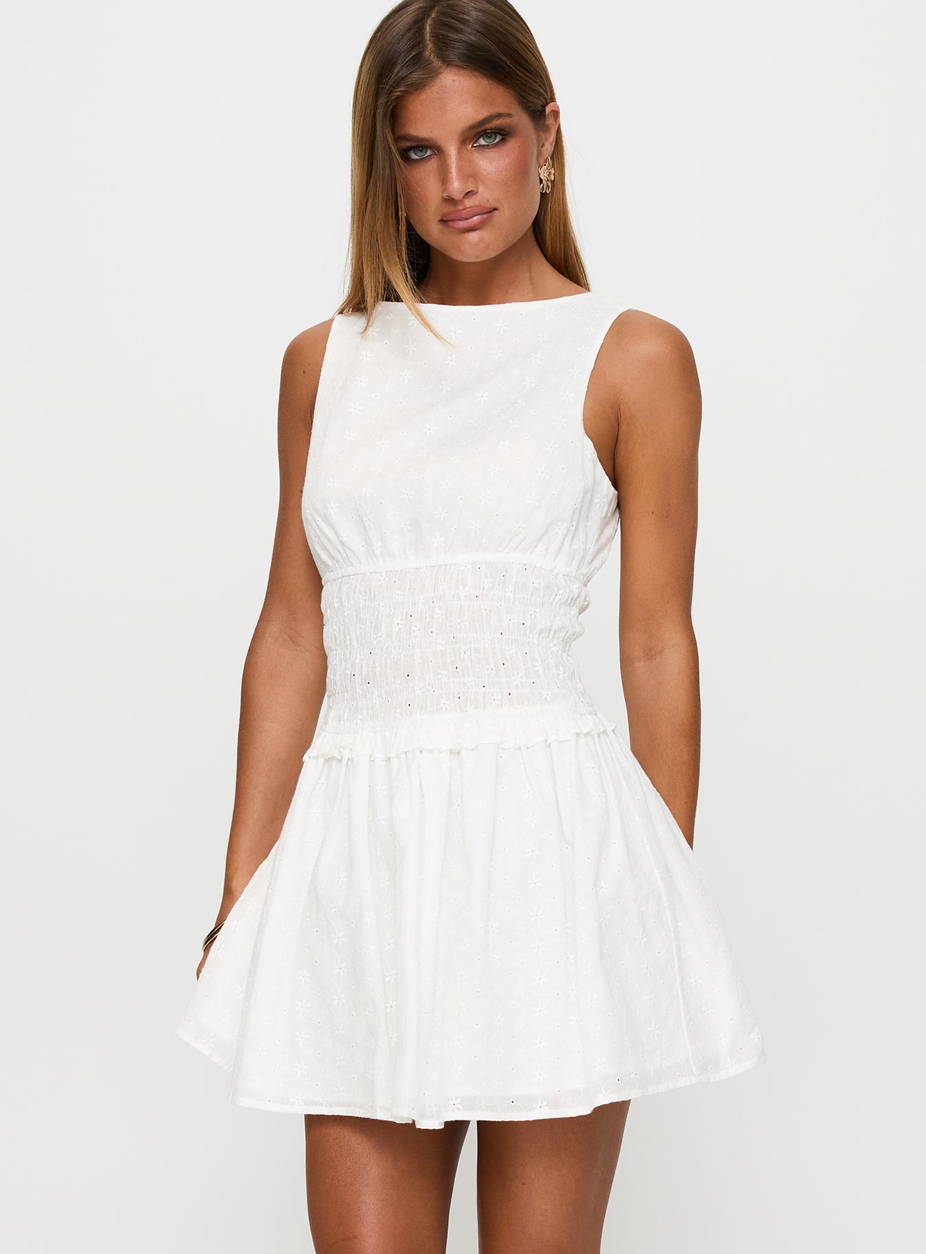 Alternative view of Yennifer Shirred Broiderie Mini Dress White