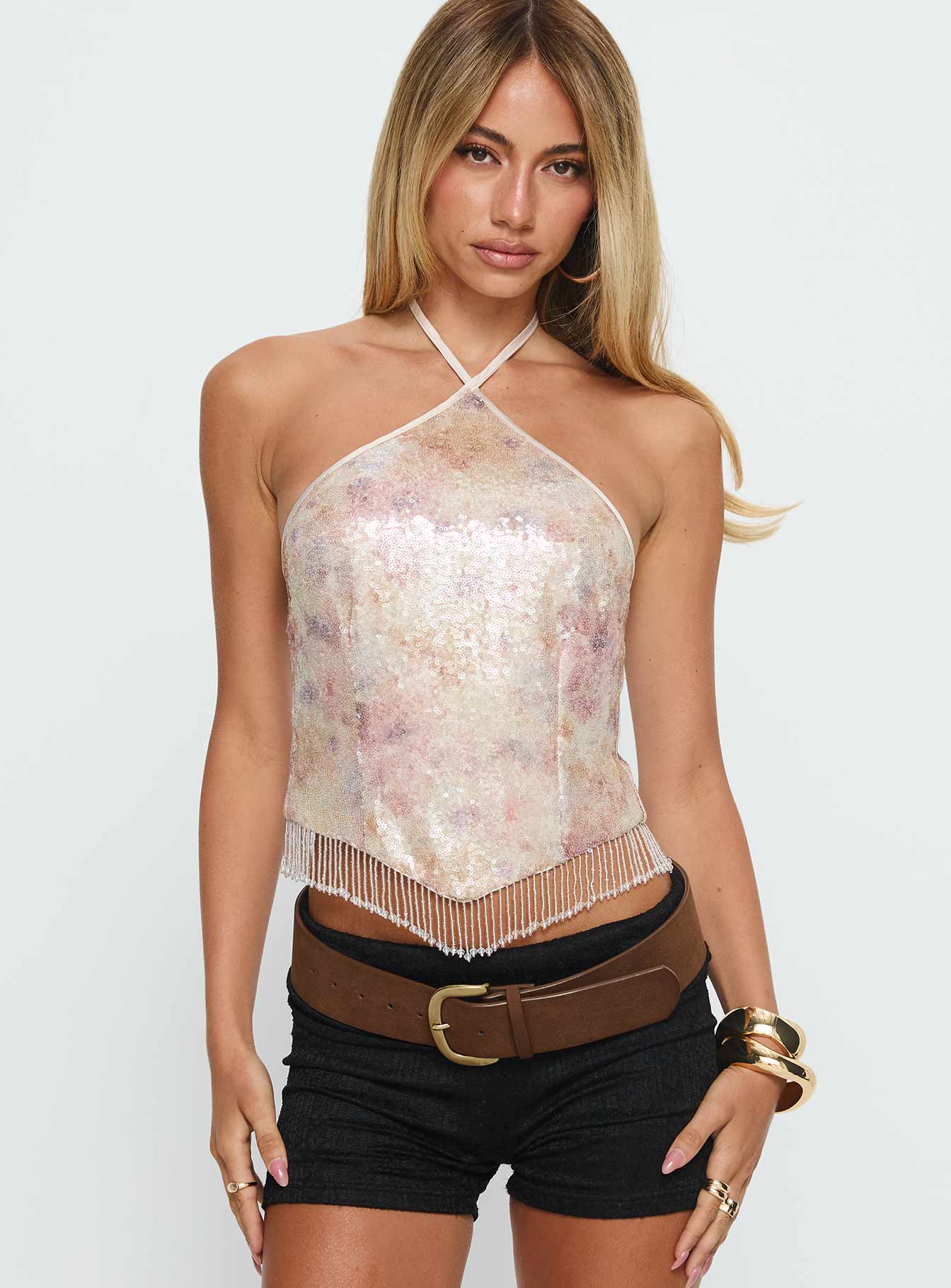 Alternative view of Udelle Sequin Fringey Halter Top Cream Sequin