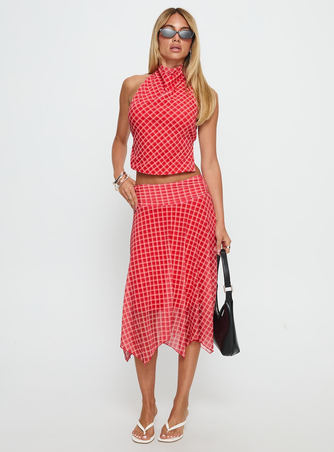 Alternative view of Scenic Route Asymmetrical Midi Skirt Red Check