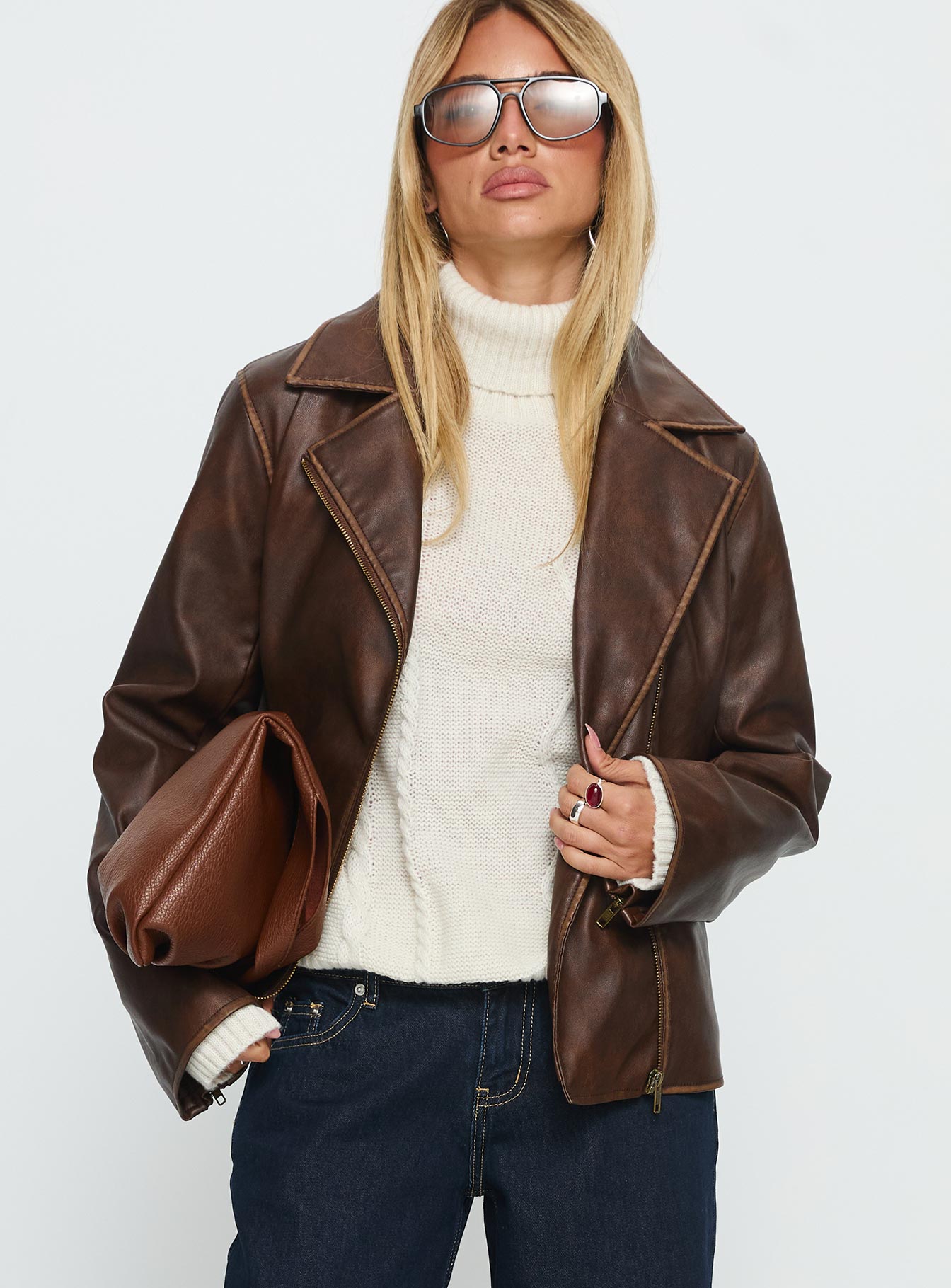 Alternative view of Vyolette Faux Leather Collared Jacket Washed Brown