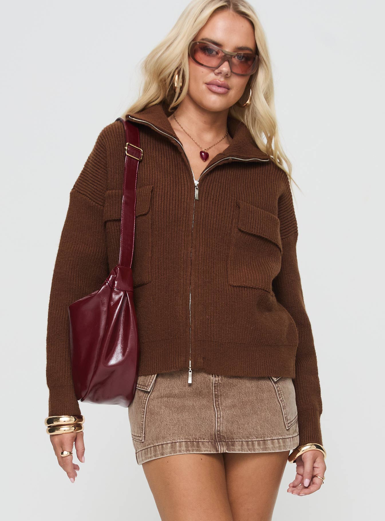 Alternative view of Too Busy Zip Up Sweater Chocolate