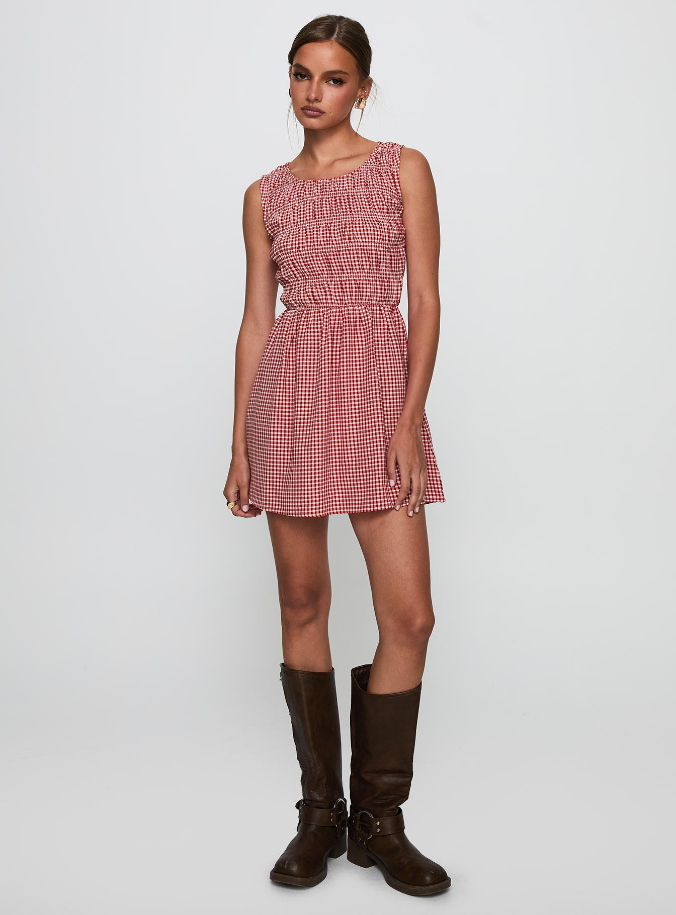 Alternative view of Winxie Shirred Mini Dress Red Gingham