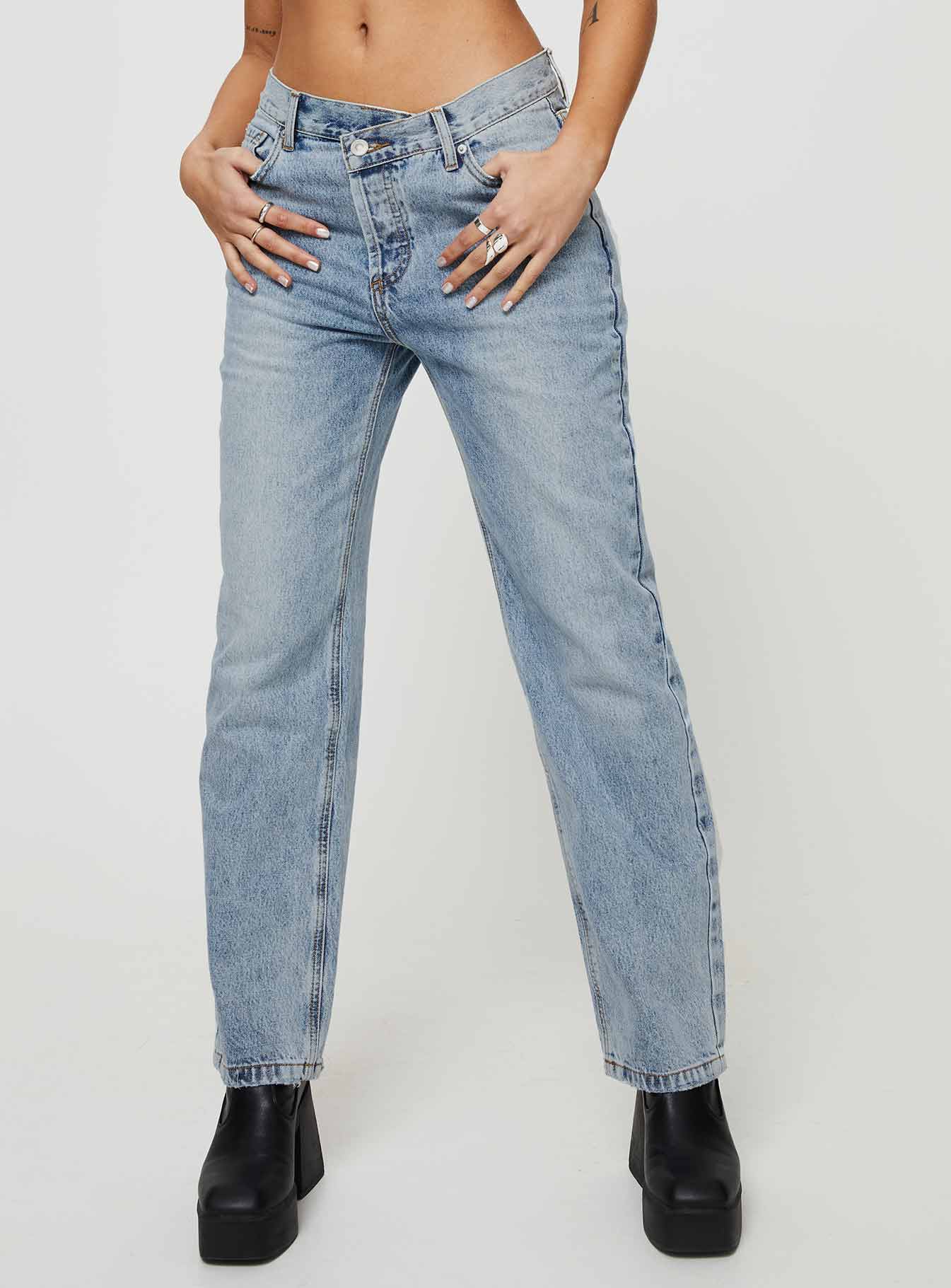 Alternative view of Holly Mid Rise Straight Leg Asymmetric Jean Light Wash Denim