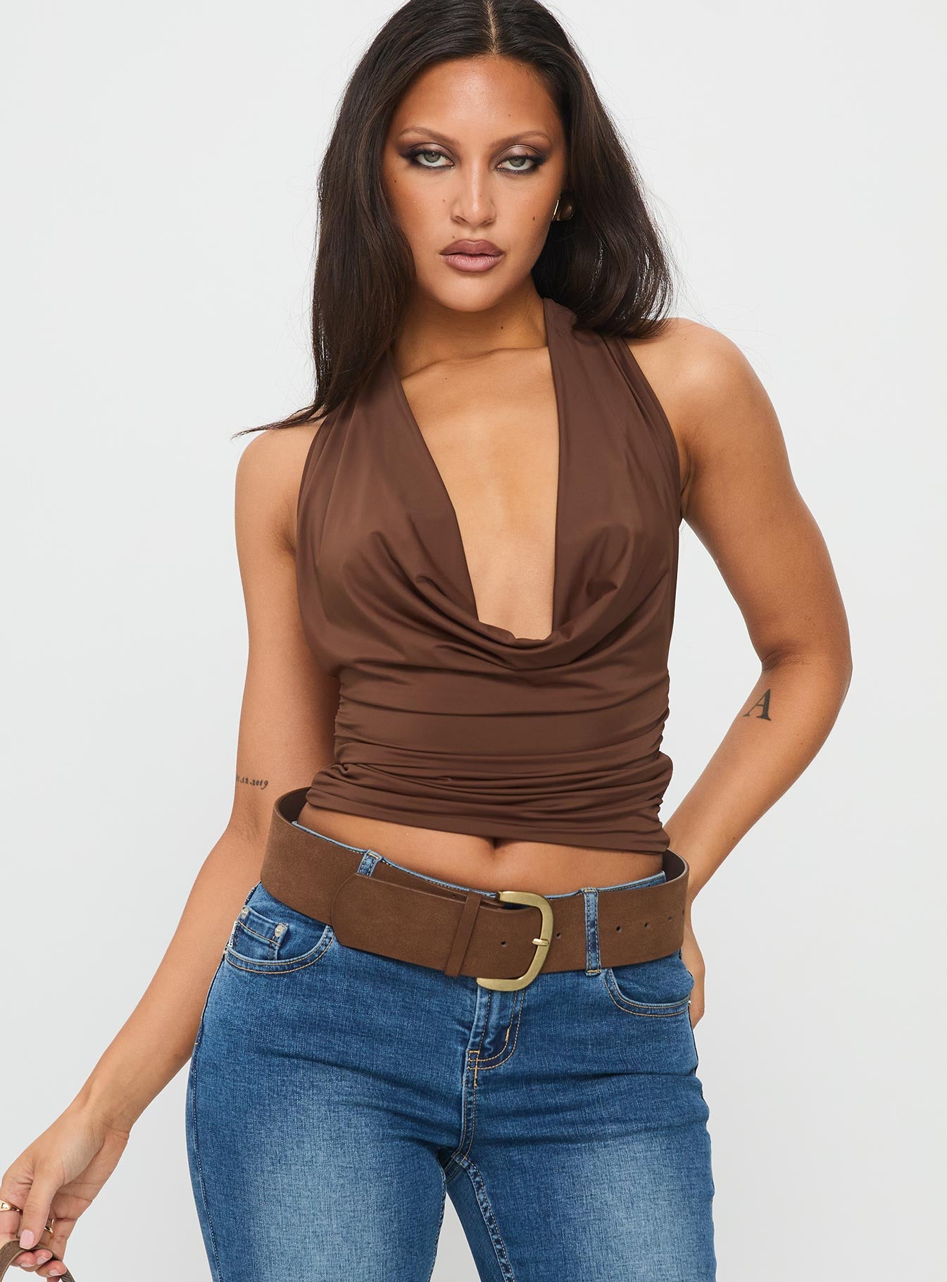 Alternative view of Remarkable Plunged Cowl Neck Top Brown