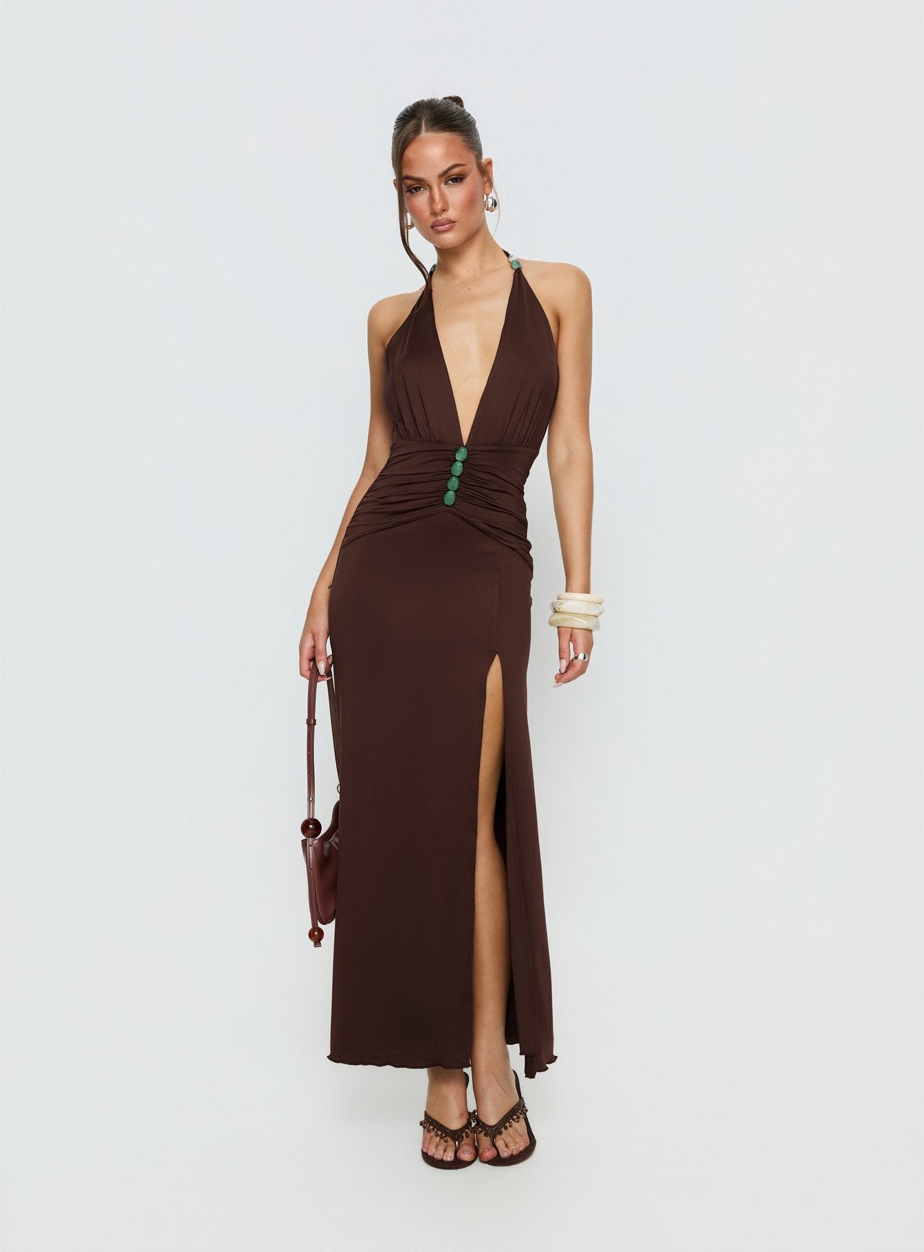Alternative view of Sasami Halter Plunge Maxi Dress Chocolate