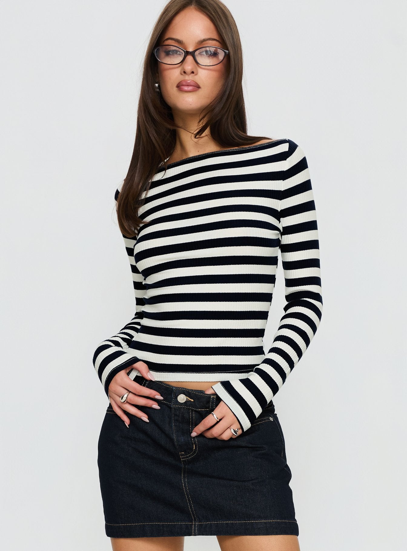 Alternative view of Tashana Long Sleeve Boat Neck Top Navy Stripe