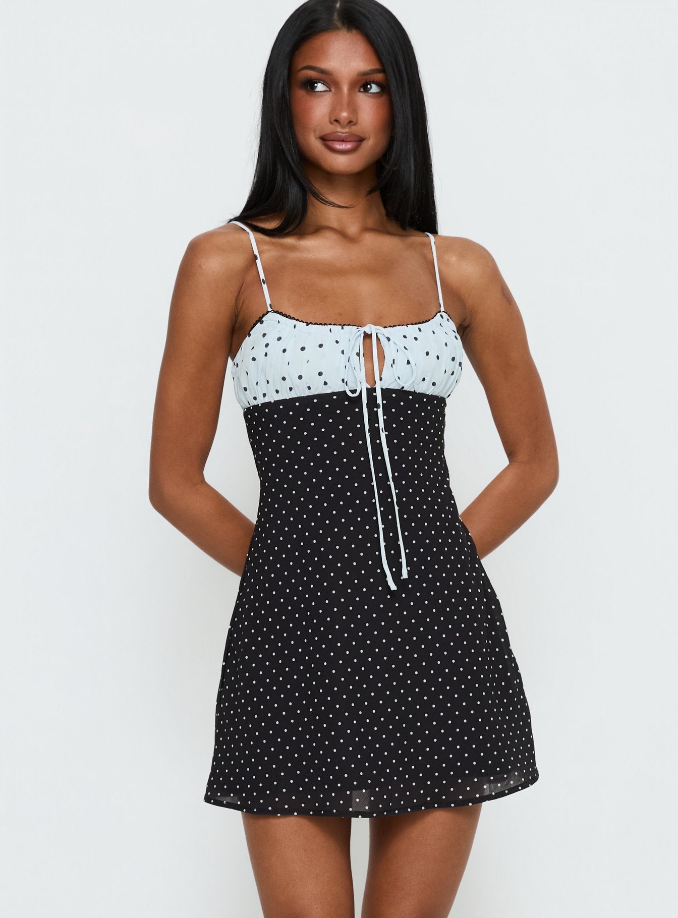 Alternative view of Rylann Contrast Tie Detail Mini Dress Navy / Blue Polka