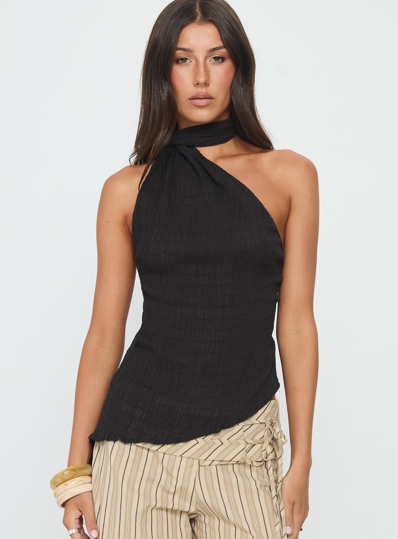 Alternative view of Yaleina One Shoulder Tie Scarf Top Black