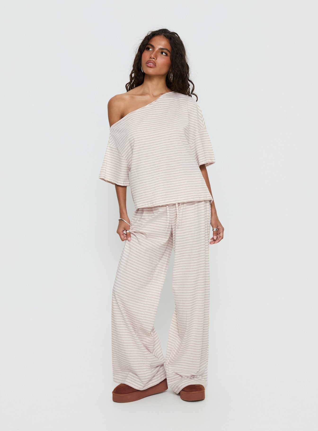 Tobie Off Shoulder Sleep Set Beige Stripe - Image 2