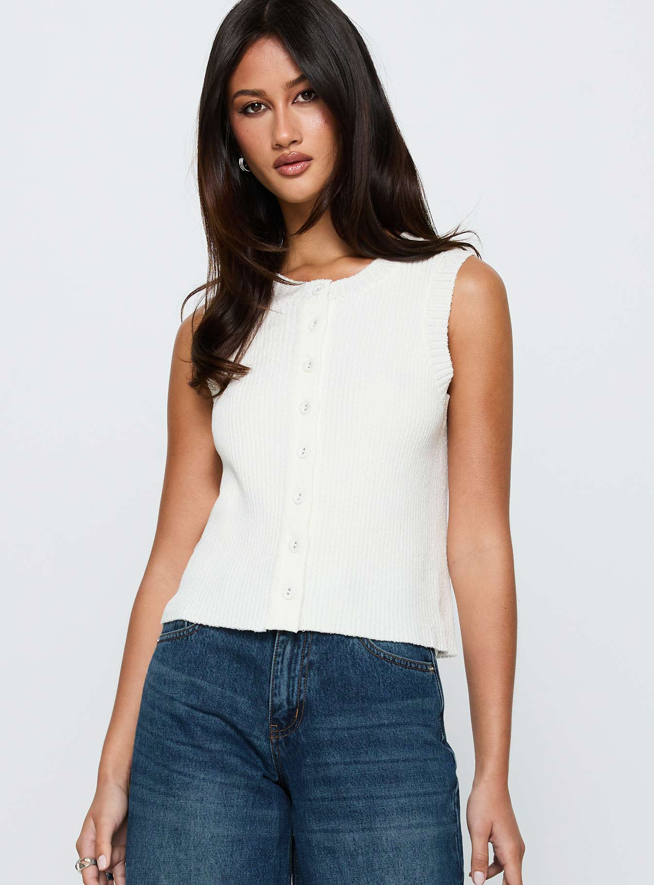 Alternative view of Simie Button Front Rib Top White