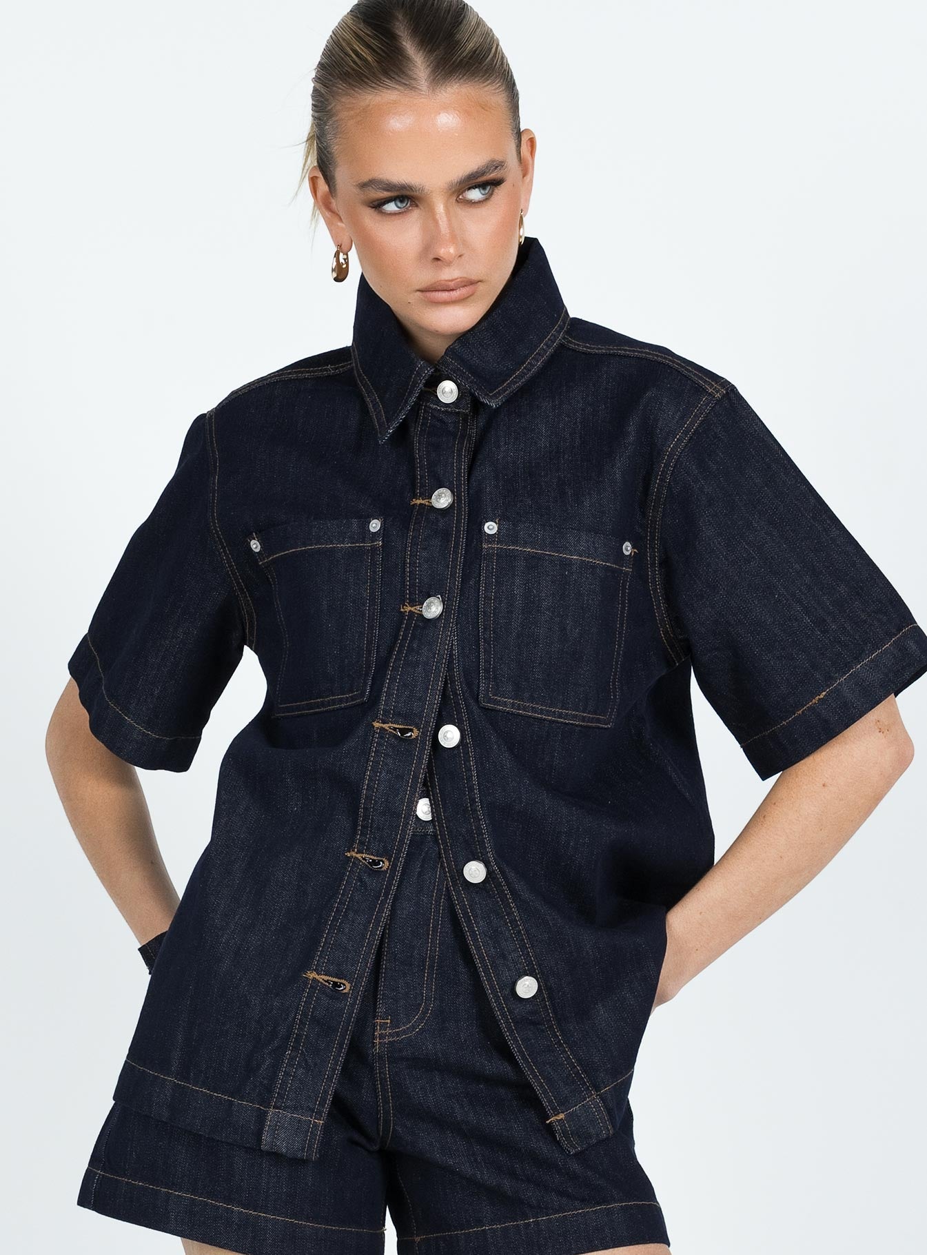 Alternative view of Whitaker Short Sleeve Shacket Dark Denim