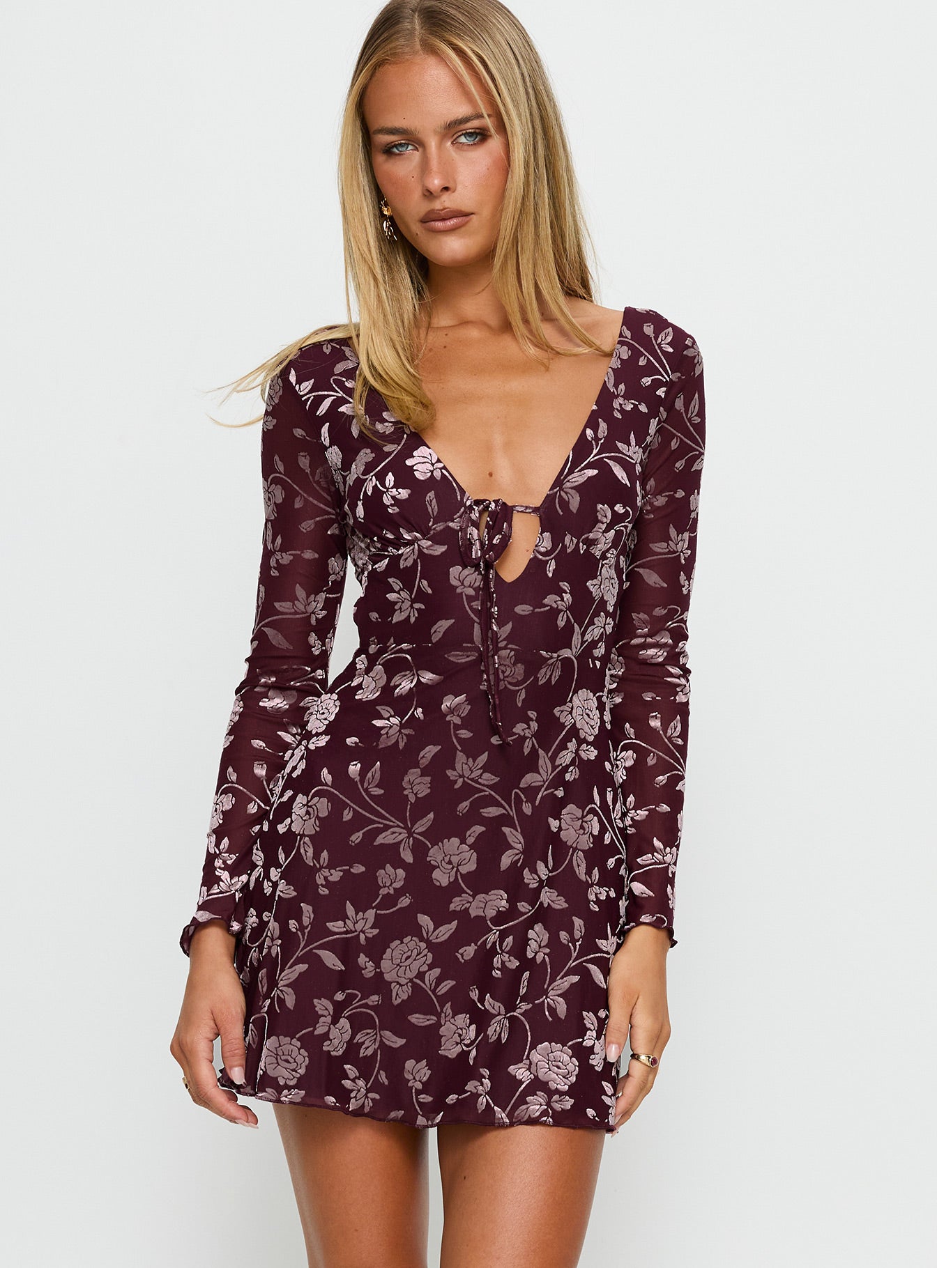 Alternative view of Raylena Long Sleeve V-Neck Mini Dress Burgundy Floral