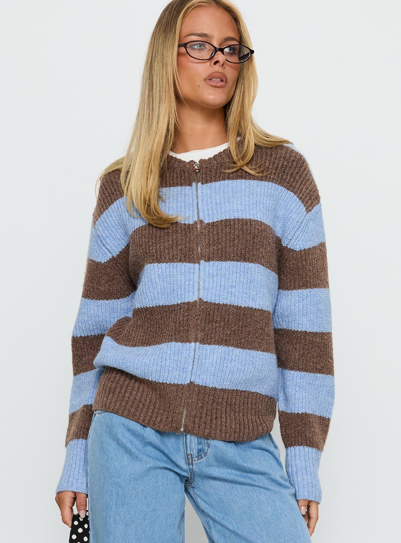 Alternative view of Queena Zip Through Knit Sweater Blue Stripe