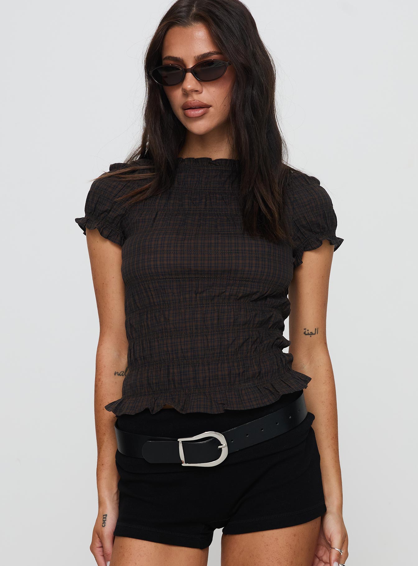 Alternative view of Romelle Shirred Top Black / Brown Plaid