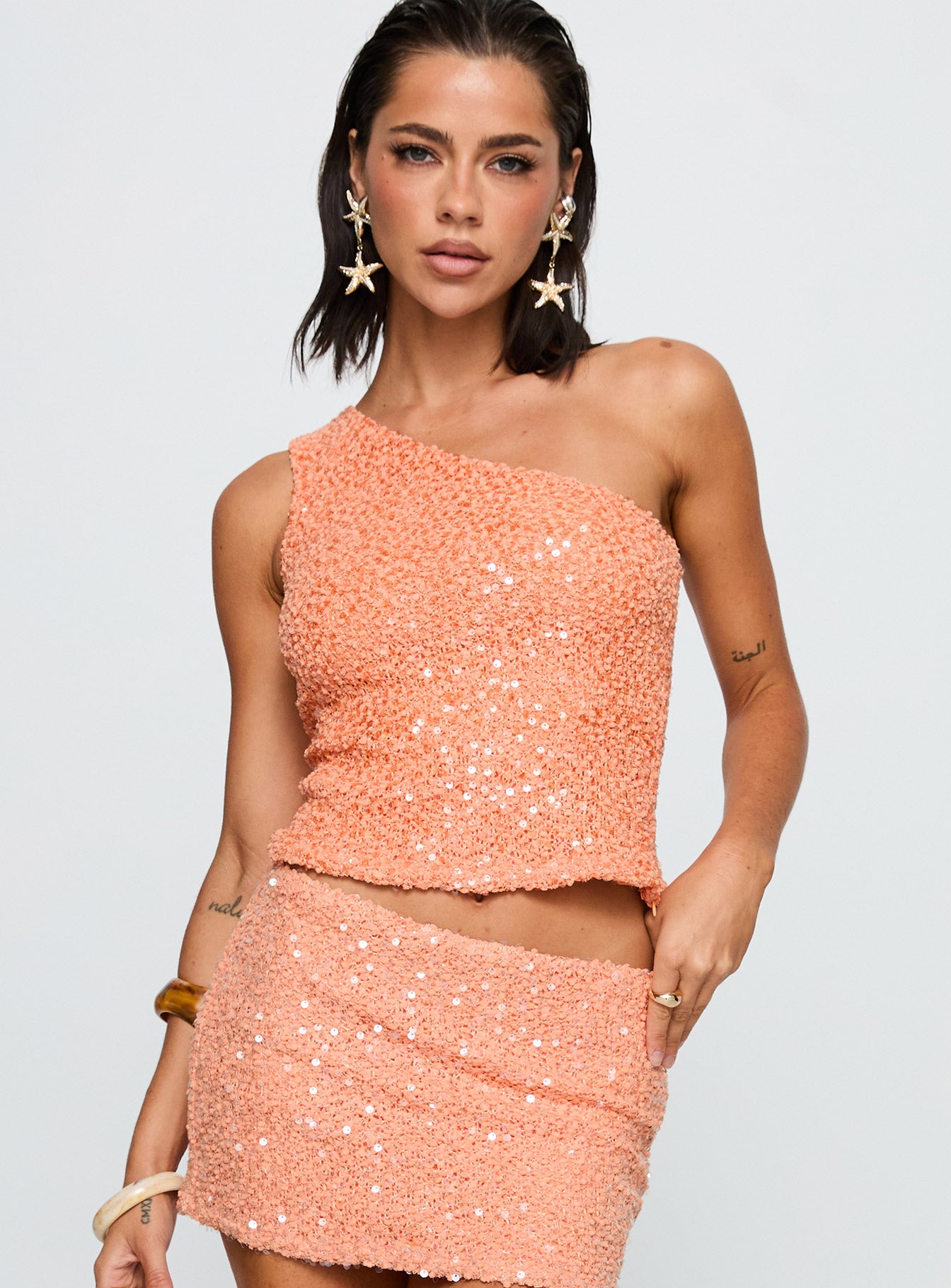 Alternative view of Zaraya Sequin One Shoulder Top Orange