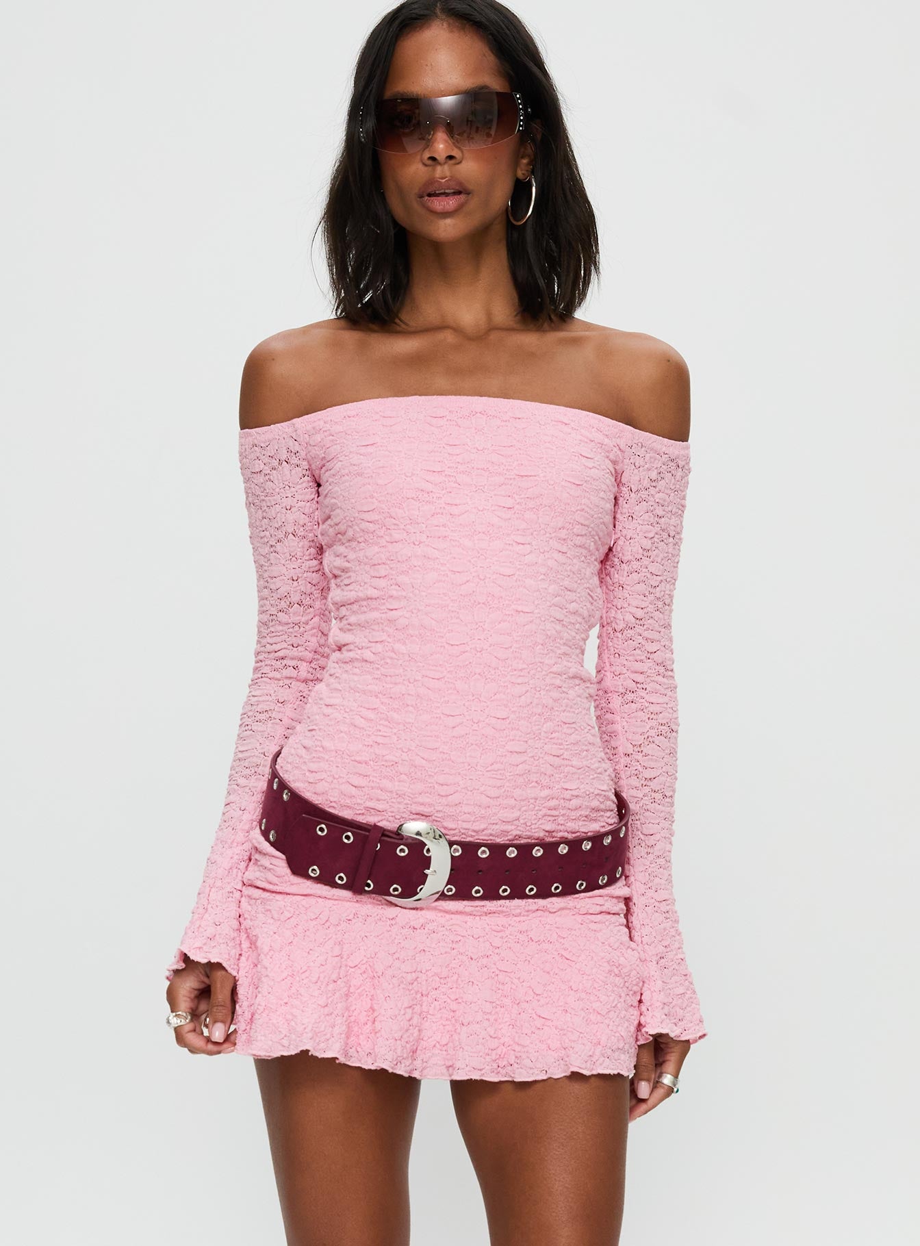 Vancesca Off Shoulder Long Sleeve Mini Dress Pink - Image 2
