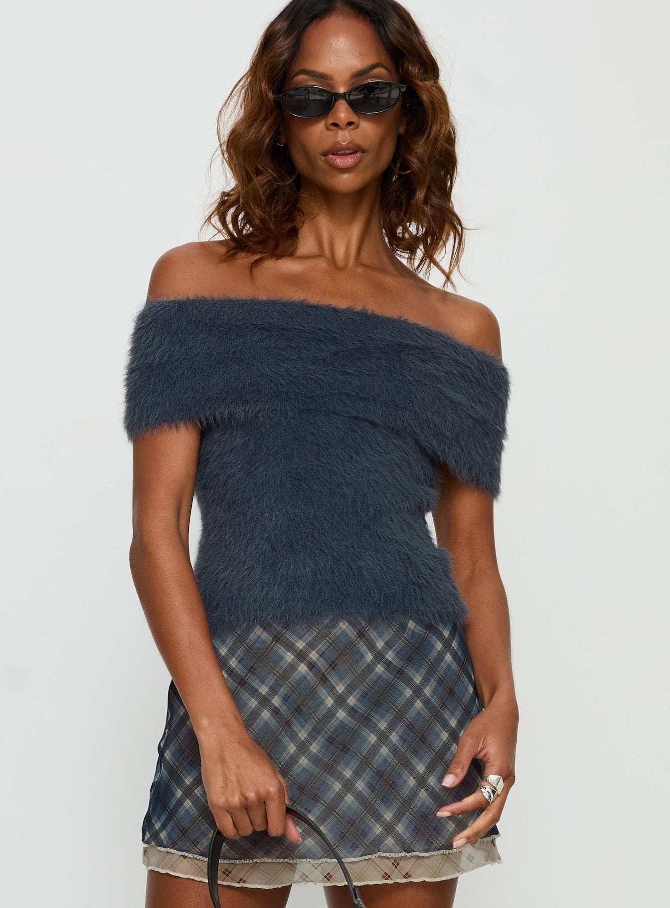 Alternative view of Wrylie Off Shoulder Fluffy Top Charcoal