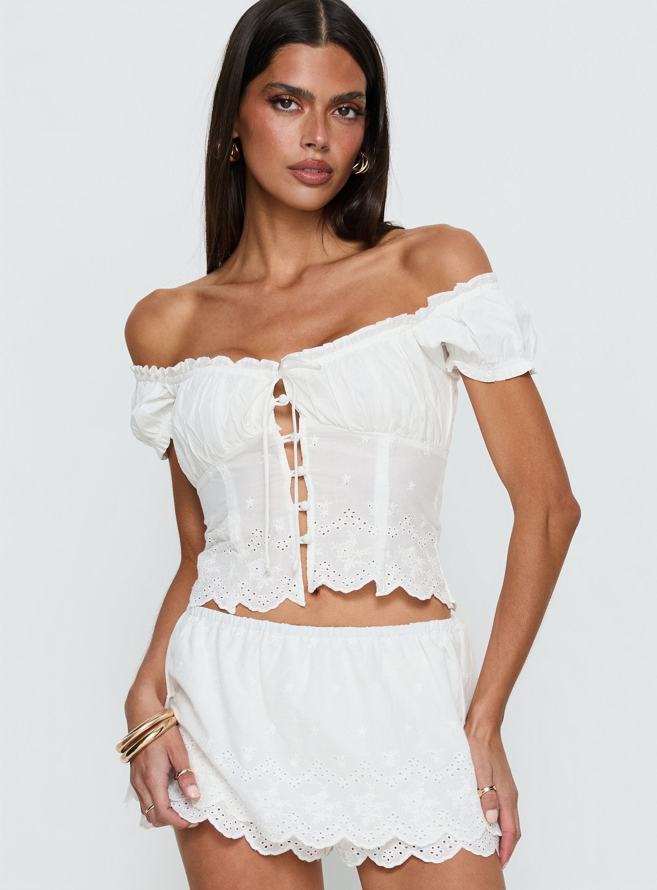 Alternative view of Twin Spirit Off Shoulder Broderie Top White