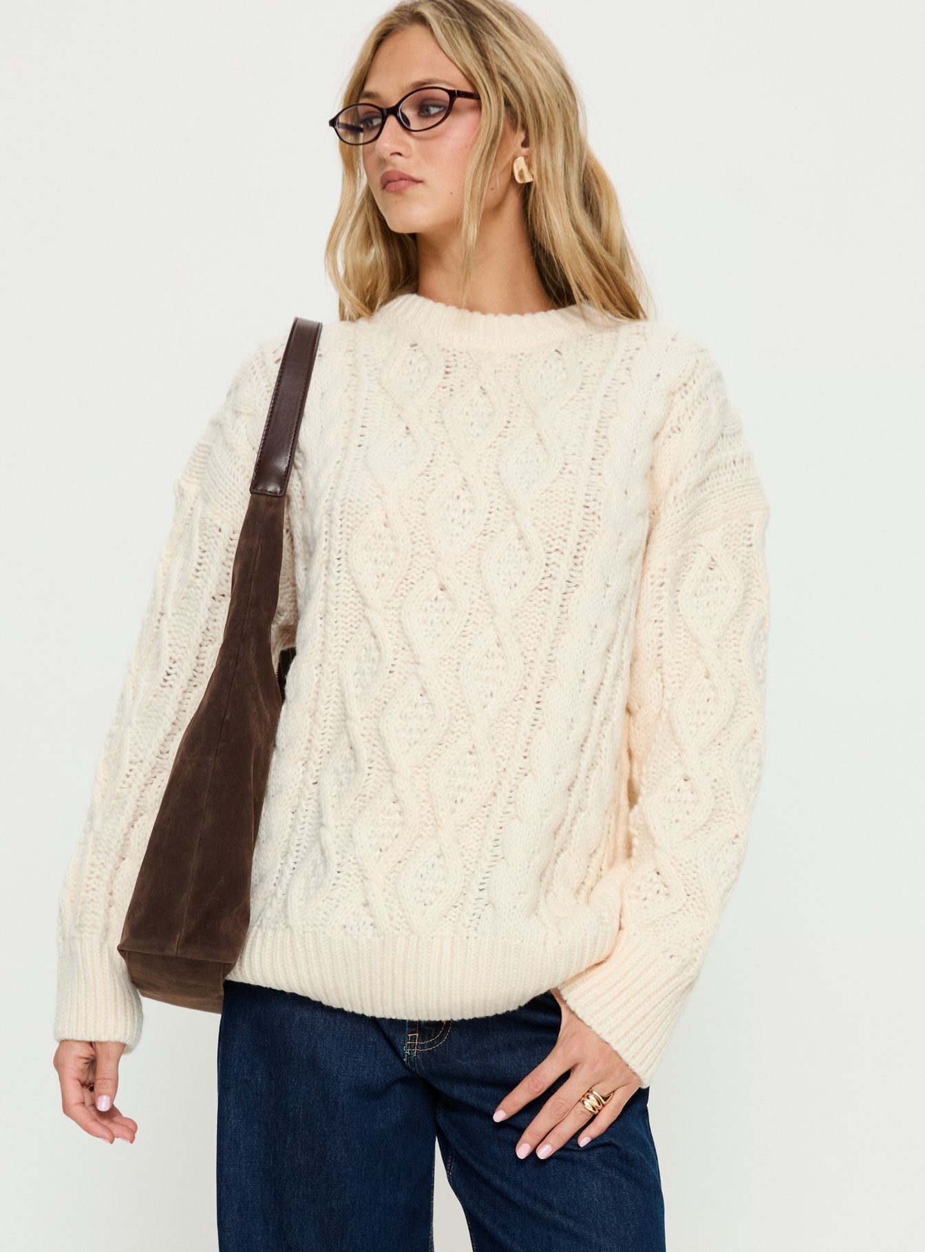 Alternative view of Rorey Cable Knit Crew Neck Sweater White