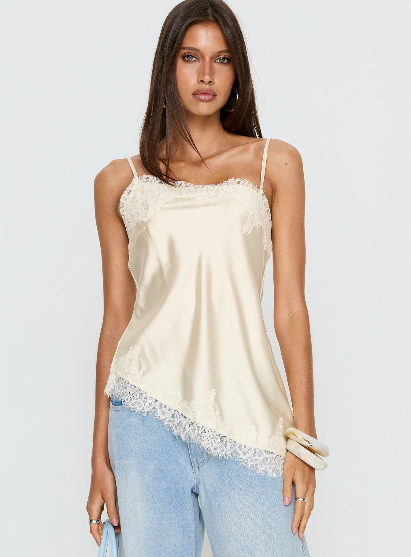 Alternative view of Winta Lace Trim Asymmetrical Satin Top Cream