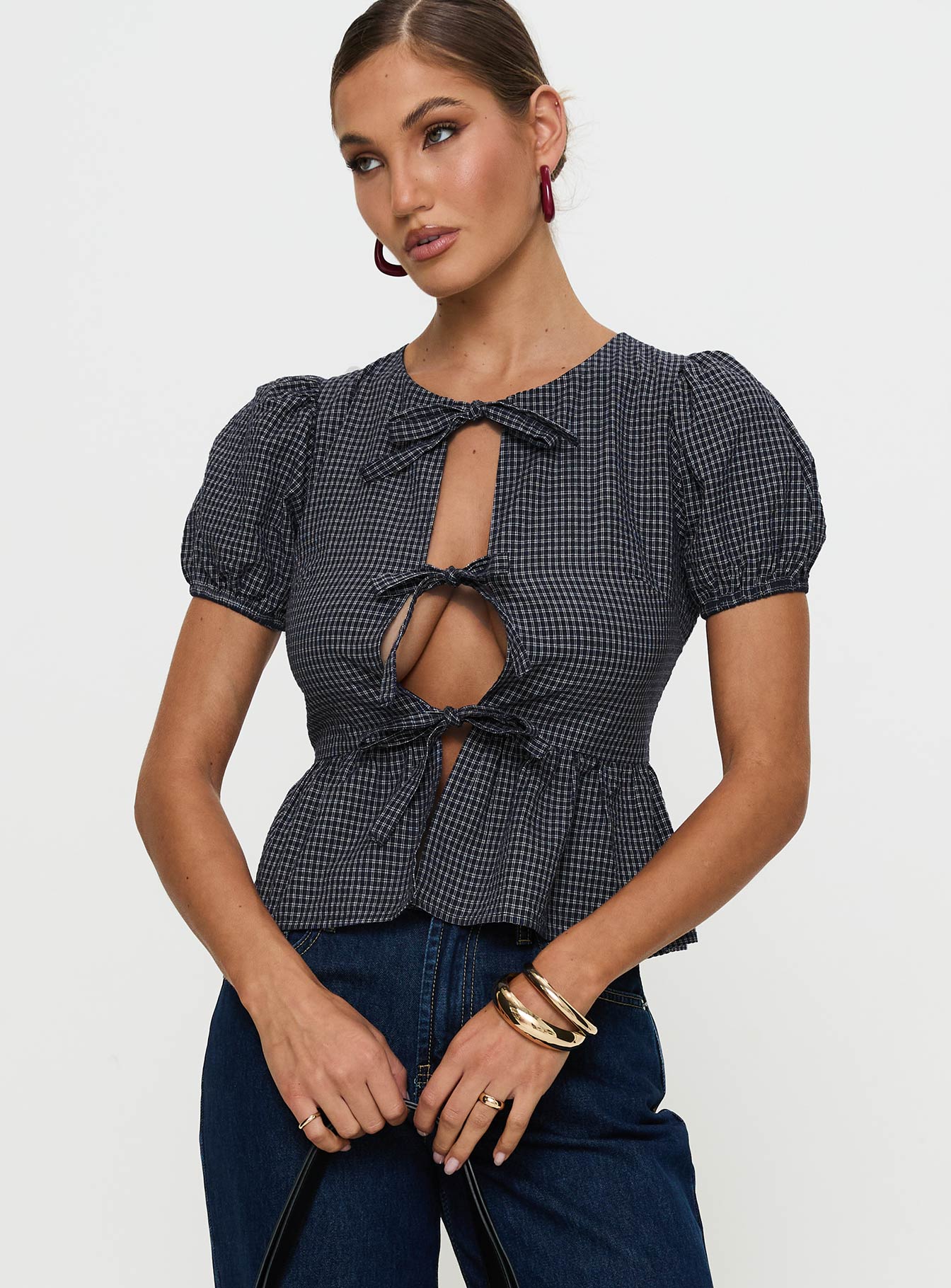 Alternative view of Verah Tie Up Puff Sleeve Top Navy Check
