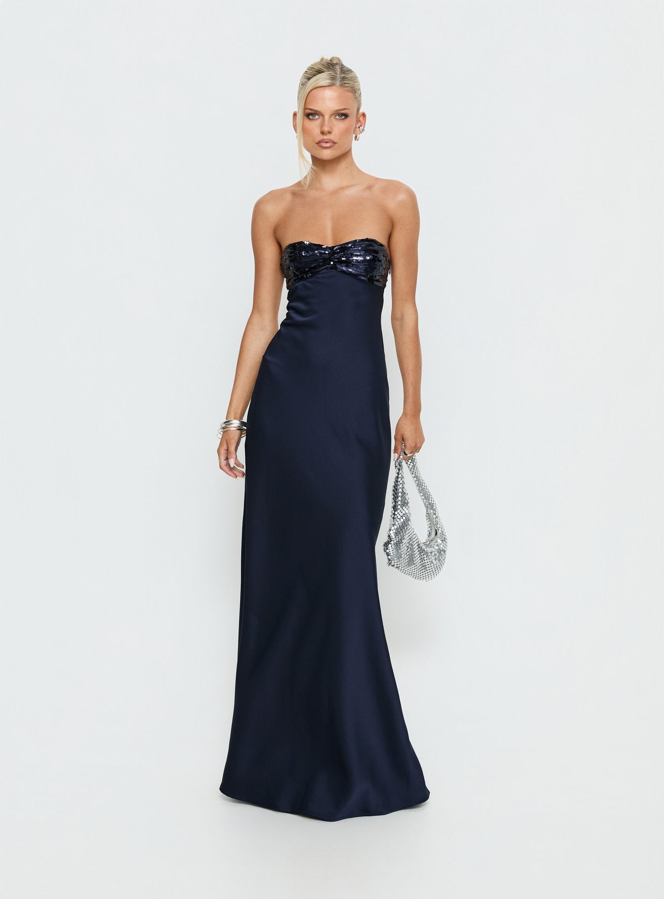 Alternative view of See The Vision Sequin Bust Strapless Maxi Dress Navy
