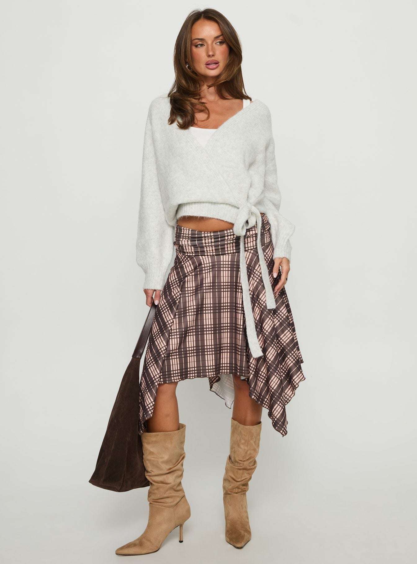 Alternative view of Scholar Asymmetrical Midi Skirt Brown Check