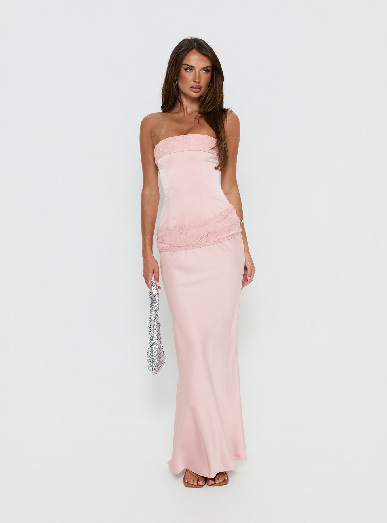 Sura Strapless Lace Detail Maxi Dress Pink - Image 2