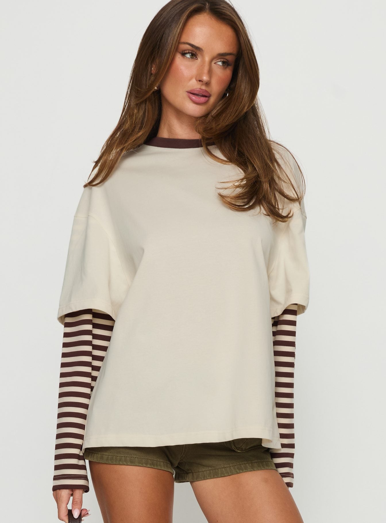 Alternative view of Ryann Long Sleeve Layered Top Cream / Brown Stripe