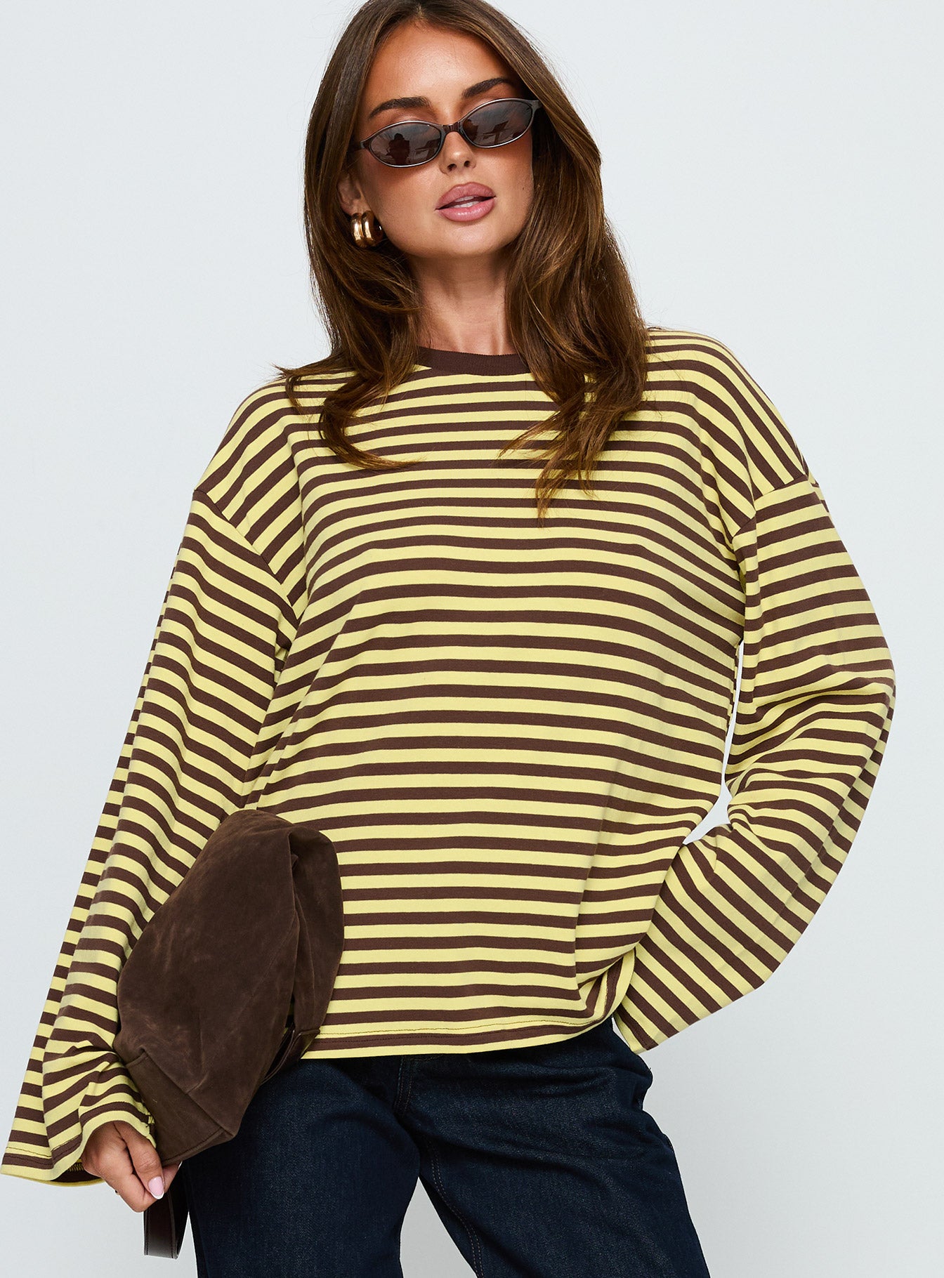 Alternative view of Settle Down Long Sleeve Top Yellow / Brown Stripe