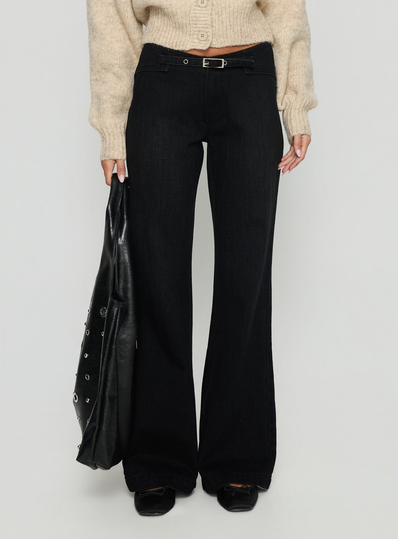 Alternative view of Slow Ride Mid Rise Bootleg Belted Jeans Washed Black