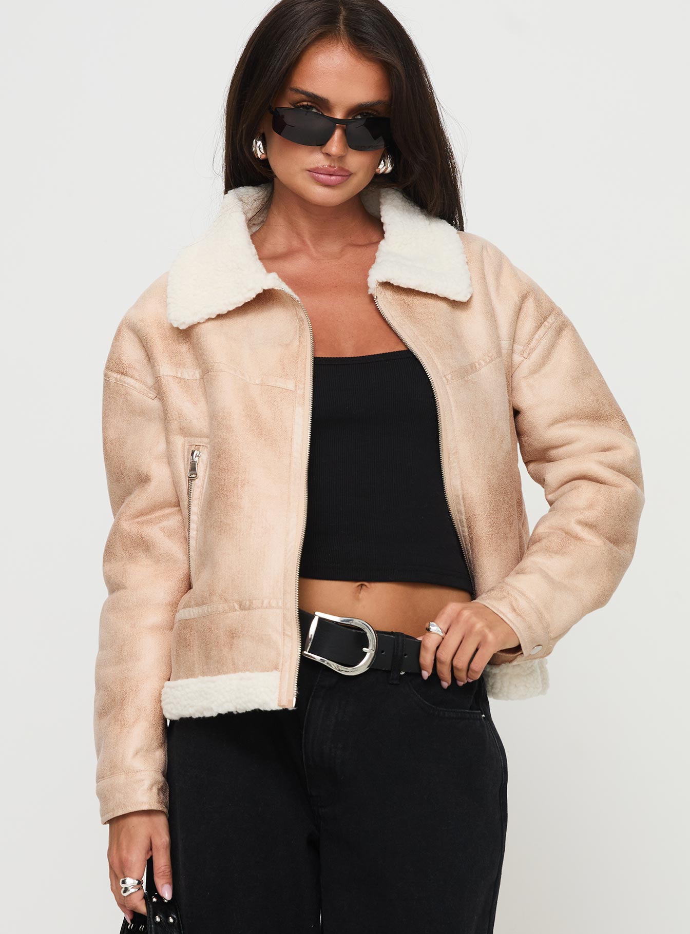 Alternative view of Solara Faux Leather Shearling Jacket Beige
