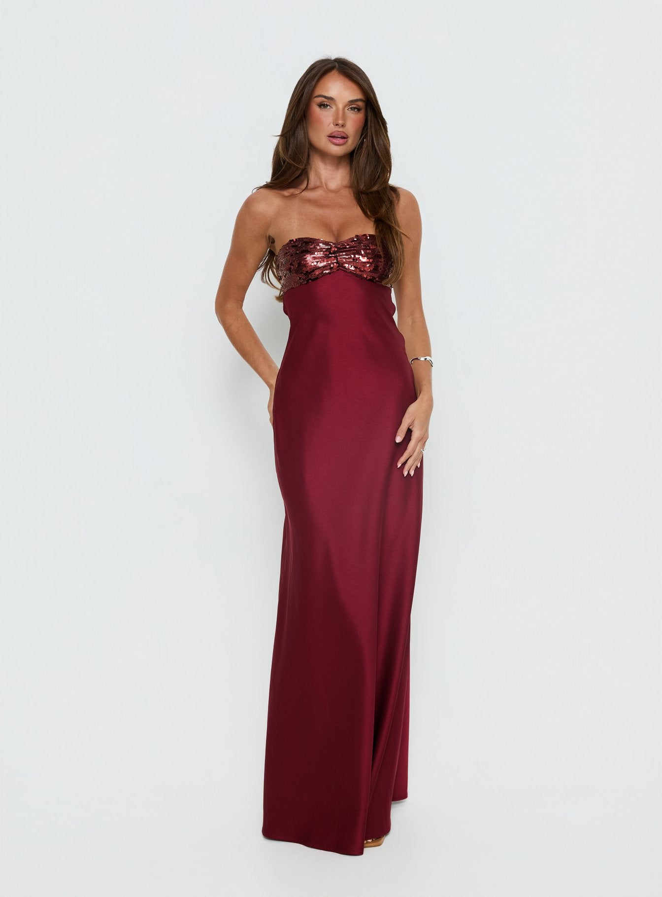 Alternative view of See The Vision Sequin Bust Strapless Maxi Dress Burgundy