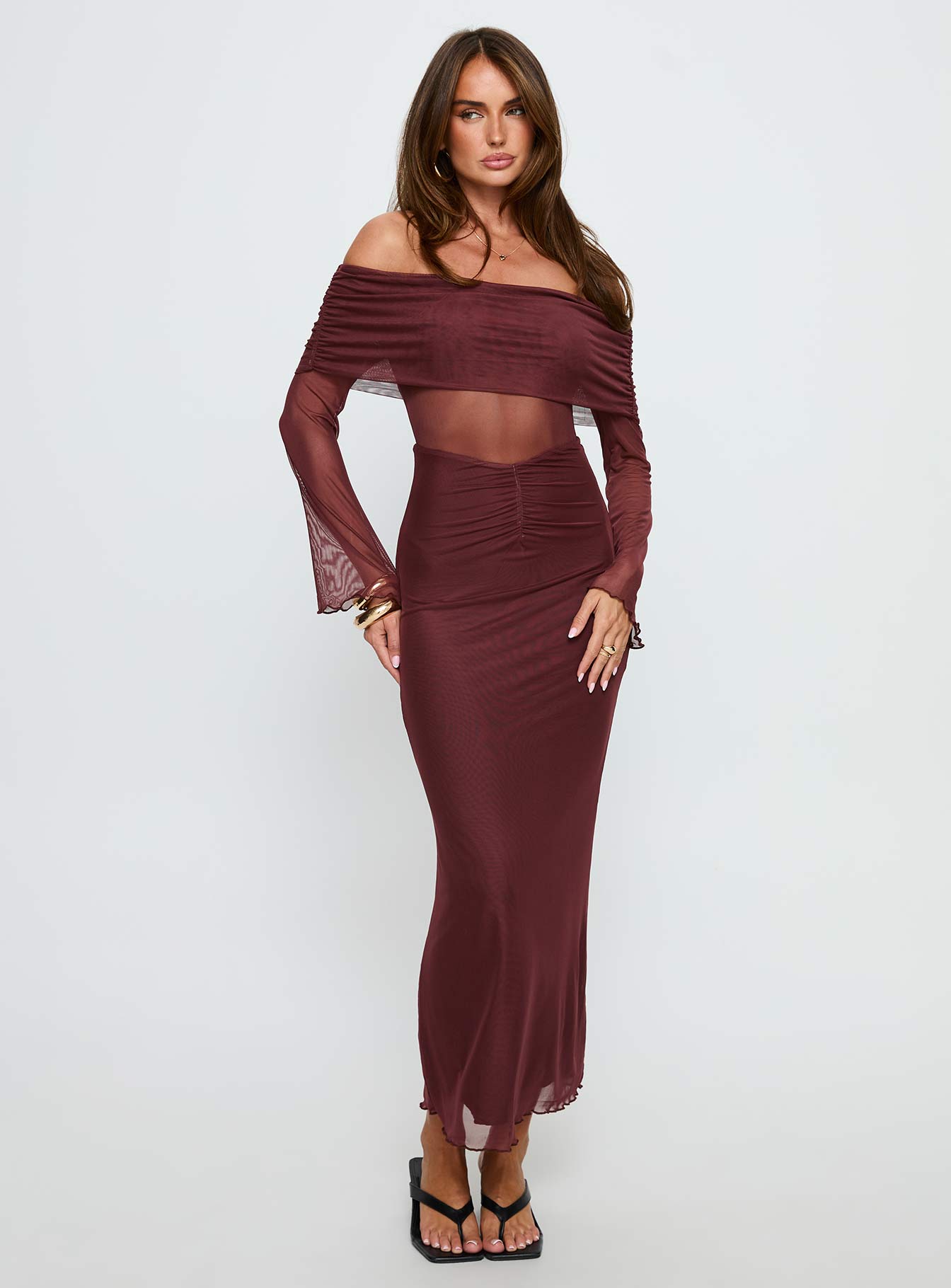 Alternative view of Velouria Off Shoulder Long Sleeve Maxi Dress Brown