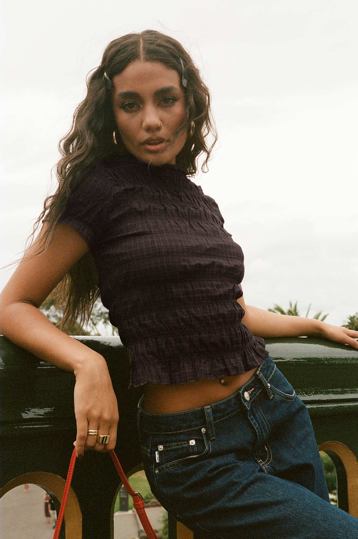 Alternative view of Romelle Shirred Top Black / Brown Plaid Petite