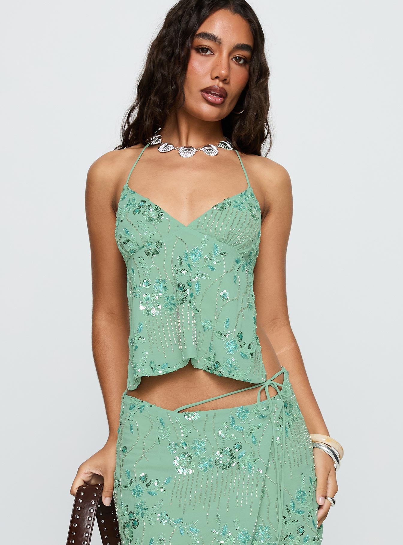 Alternative view of What A Coincidence Beaded Top Teal