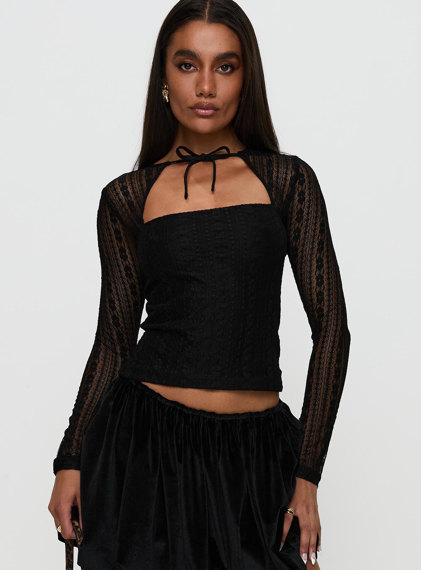 Alternative view of Worth My Time Tie Neck Cut Out Top Black