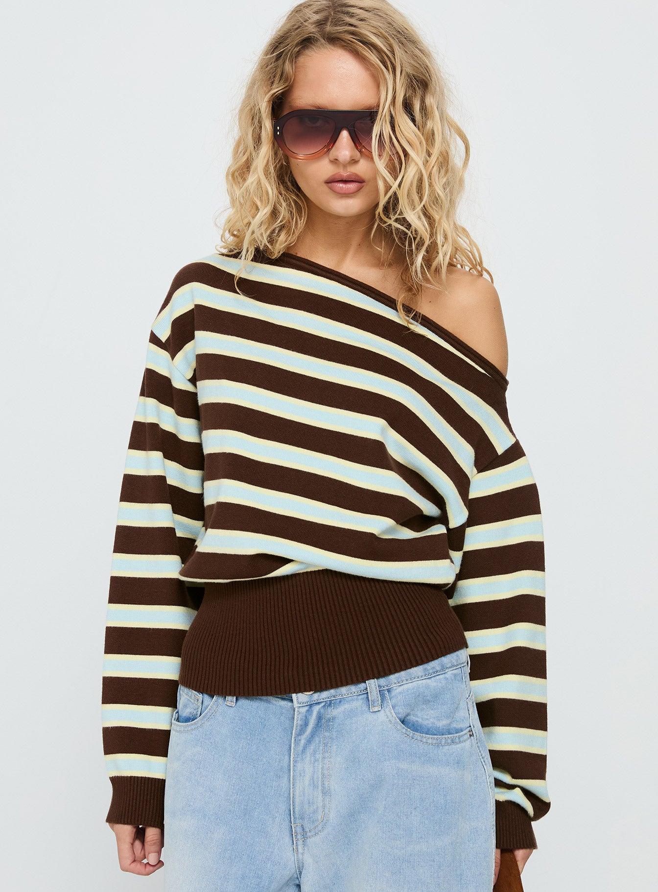 Alternative view of Zinia Off Shoulder Knit Sweater Brown / Blue Stripe